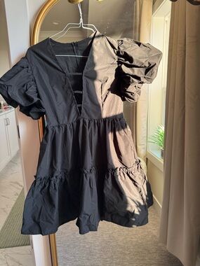 Black Puff Sleeve Tiered Mini Dress